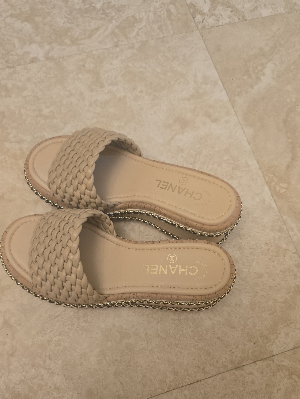 CHANEL Cream Woven Slide Mules with Chain-Trim
